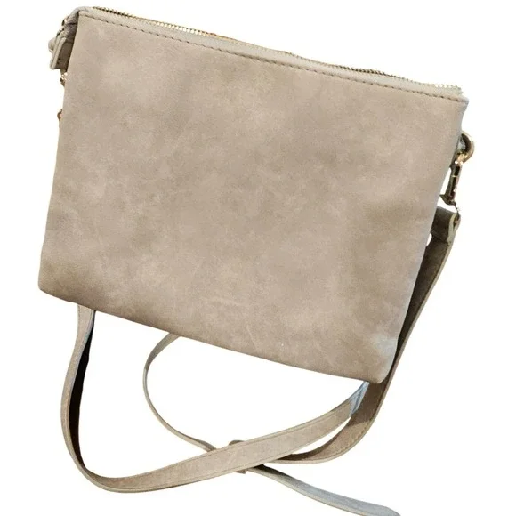 Free People Grey faux suede Crossbody Bag Foldover Zip Pockets Adjustable Strap - Picture 3 of 4